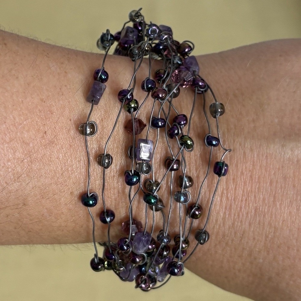 Handcrafted Multi-Strand Beaded Bracelet Memory Wire Purple Silver Witchy Boho